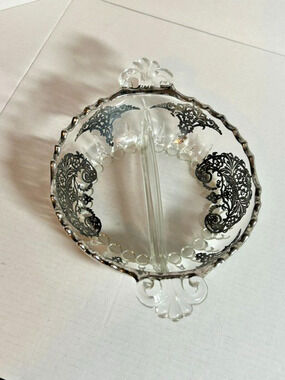 Vintage New Martinsville Janice 8" Divided Relish Dish Silver Overlay Glass